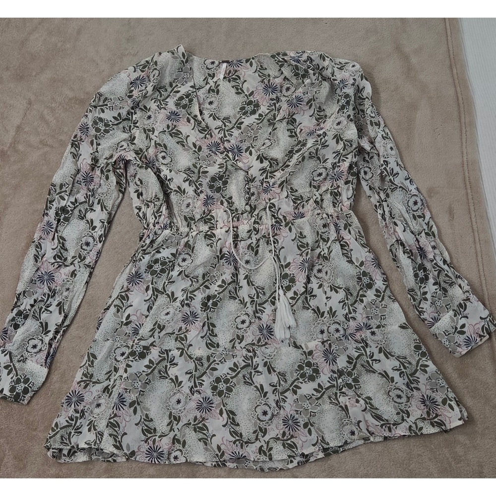Free People Stealing Fire Dress Women's M Ivory/Cream Mini Floral Boho L/S GOOD